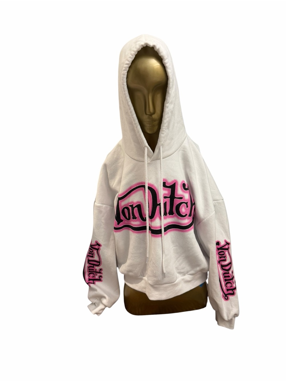 Von Dutch crop White Hoodie with Pink & Black Logo Accents nwot
